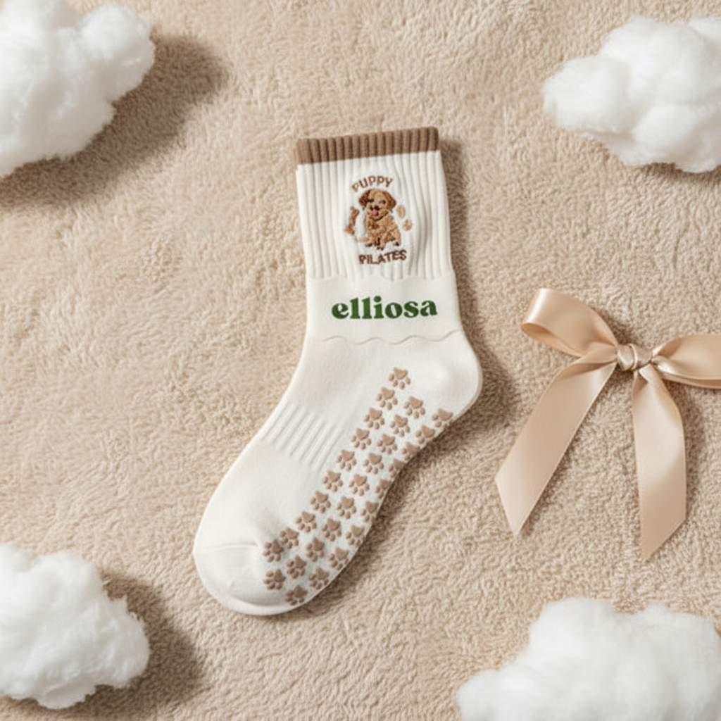 Elliosa Puppy Pilates grip socks flat lay